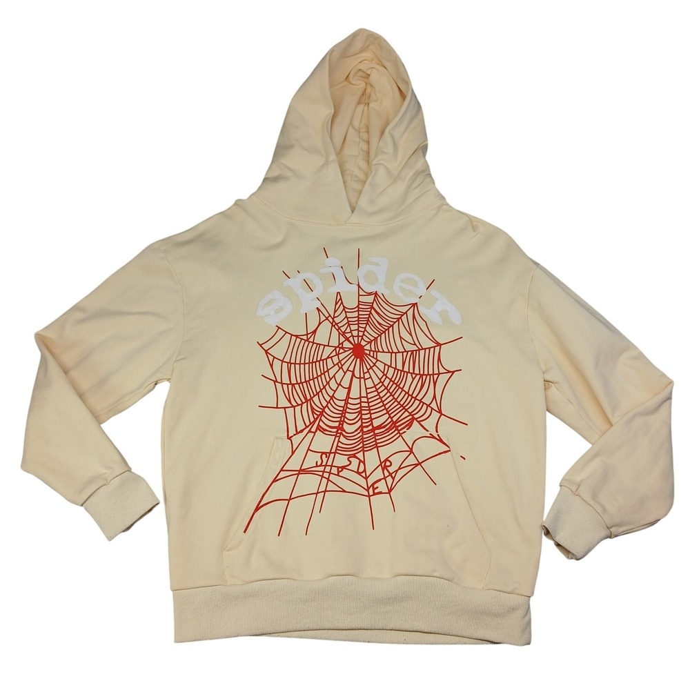 Sp5der Worldwide Web Hoodie Cream Yellow Red Graphic Pullover Sweatshirt Small